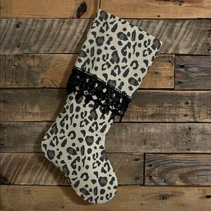 Leopard Print Christmas Stocking with Black Lace Trimmed Cuff